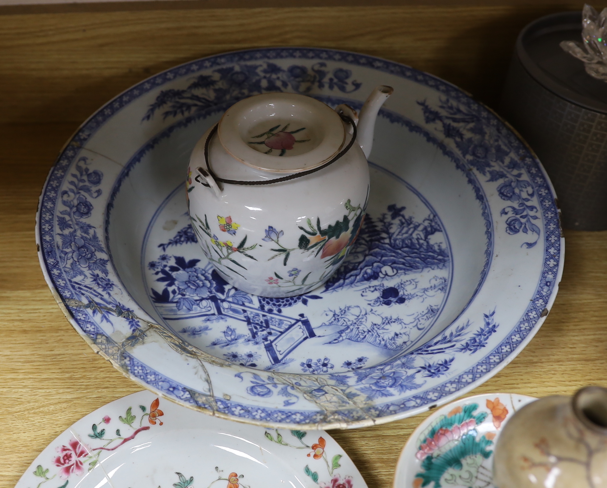 An 18th century Chinese blue and white basin, two plates, and an early 20th century Chinese teapot, footed dish and a vase (6)